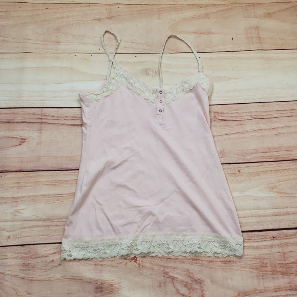 Mossimo Supply Co Shirt Womens XS Pink Lace Trim Henley Camisole Tank Top